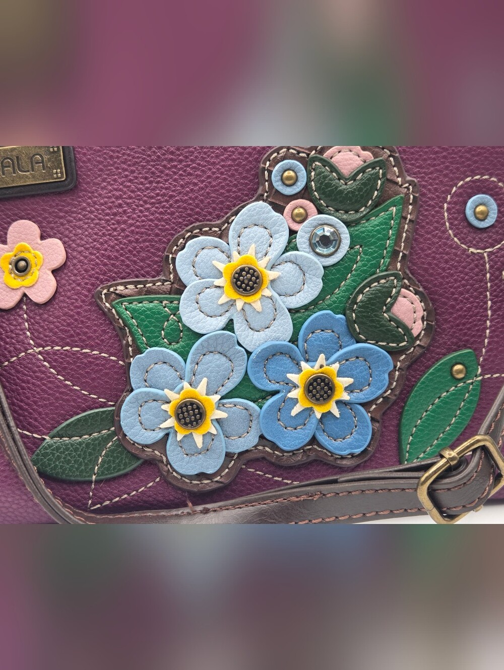 Chala Purple Floral Appliqué Crossbody with Blue & Green Accents - Picture 8 of 9